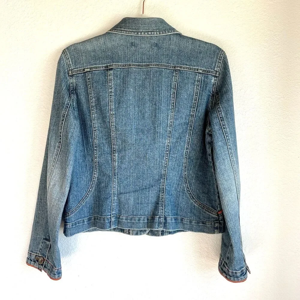 Sigrid Olsen Y2K Crop Denim Jacket Orange Piping Contrast Trim Size 2 Petite - Picture 3 of 10
